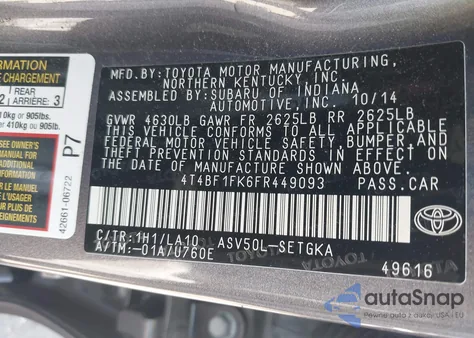 2015 Toyota Camry Xle из США, поврежденный, VIN 4T4BF1FK6FR449093